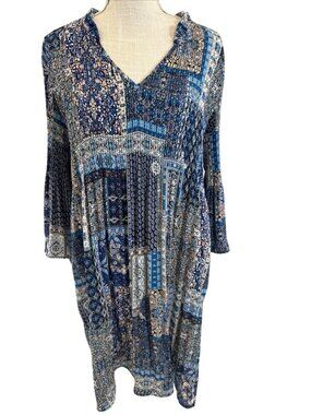 Chloe + Rene Womens Long-Sleeve Blue Patchwork Boho Dress Size L 100% Polyester